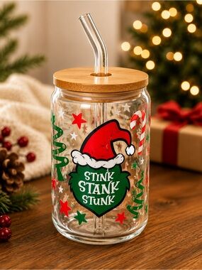 The Grinch Holiday Glass Drinkware Jar with Bamboo Lid - Red & Green